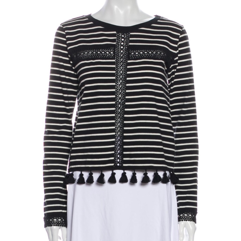 Black and White Striped Sweater with Tassels
